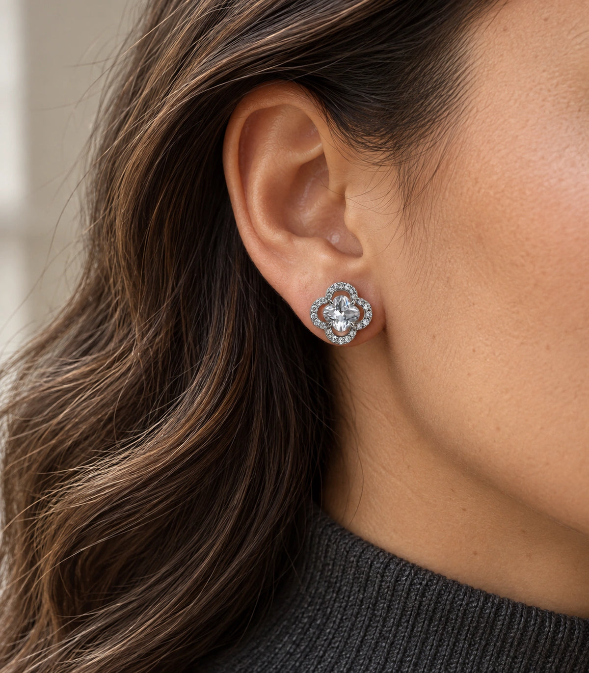 JIMIKI Crystal Quatrefoil Halo Stud Earring Pair in Silver Tone, model wearing view #color_silver tone