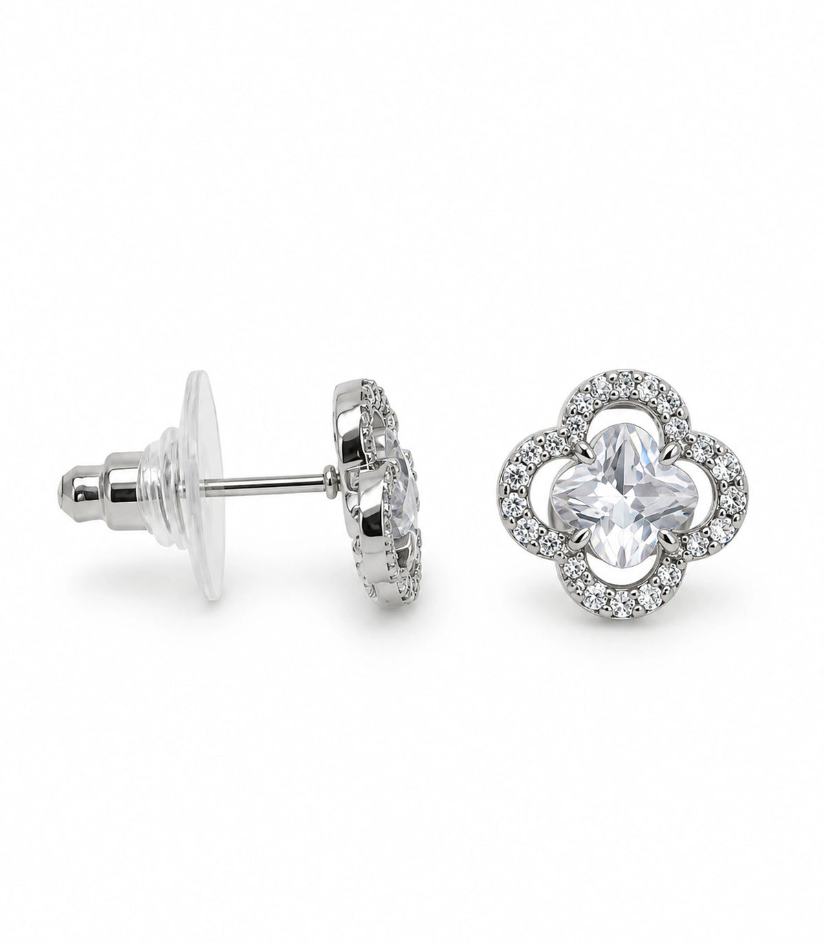 JIMIKI Crystal Quatrefoil Halo Stud Earring Pair in Silver Tone, white background product view #color_silver tone