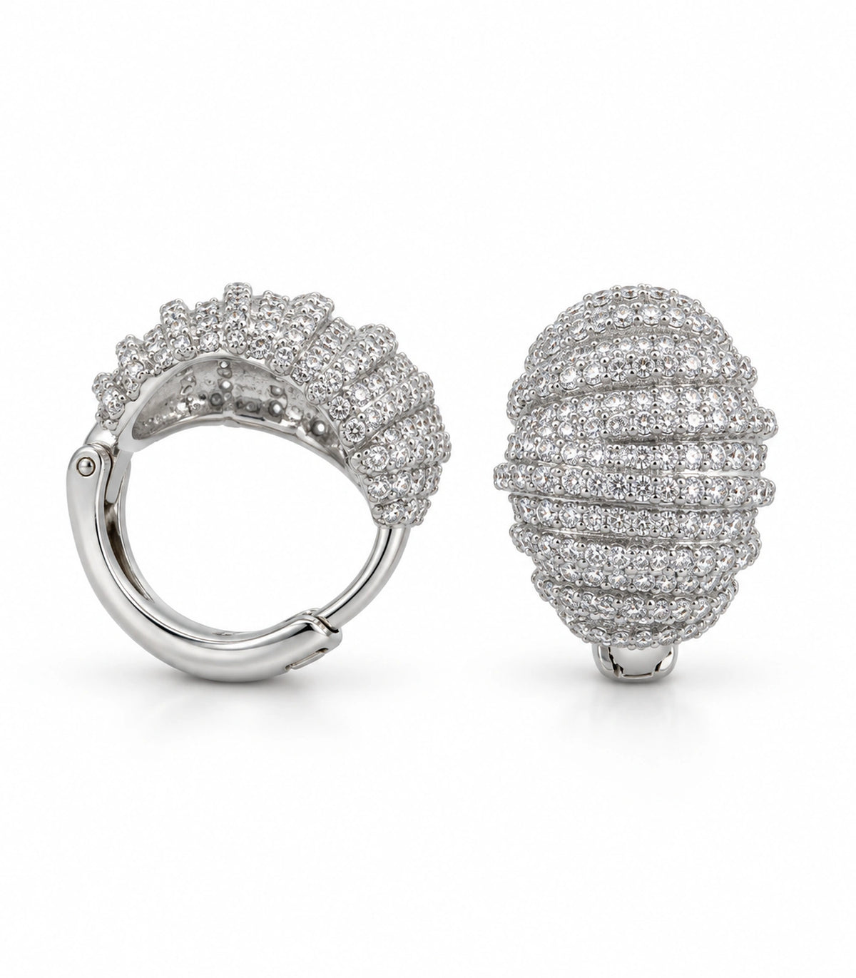 JIMIKI Crystal Ribbed Dome Huggie Earrings in Silver / Clear, white background product view #color_silver / clear
