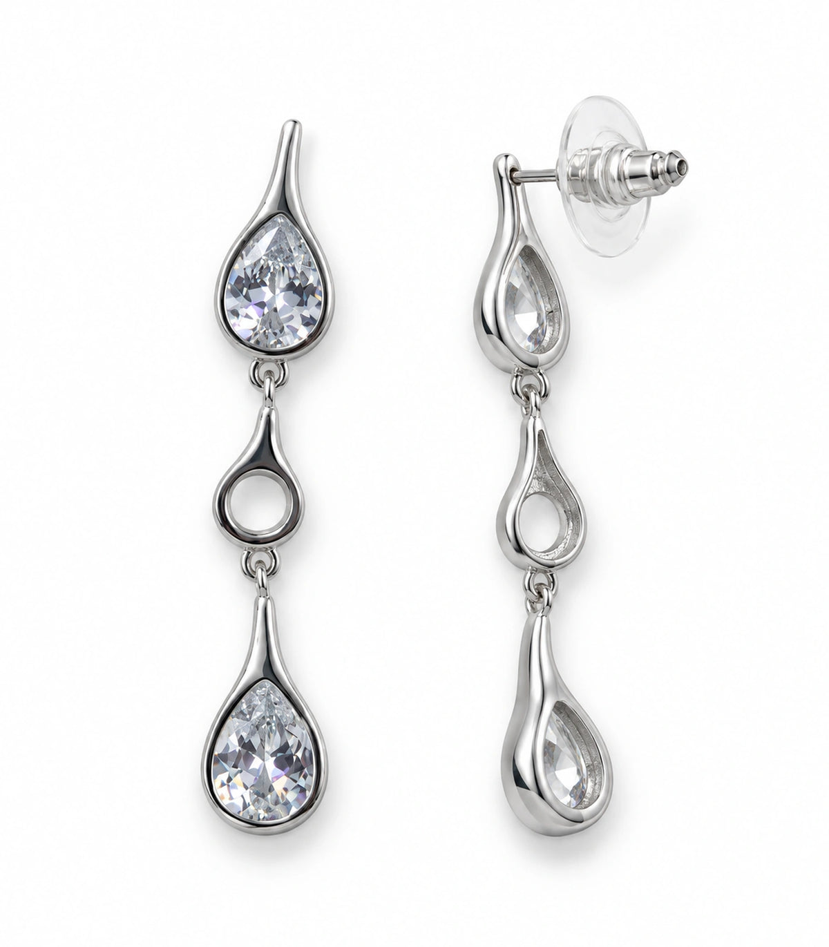 JIMIKI Crystal Teardrop Open Link Drop Earring Pair in Silver tone, white background product view #color_silver tone