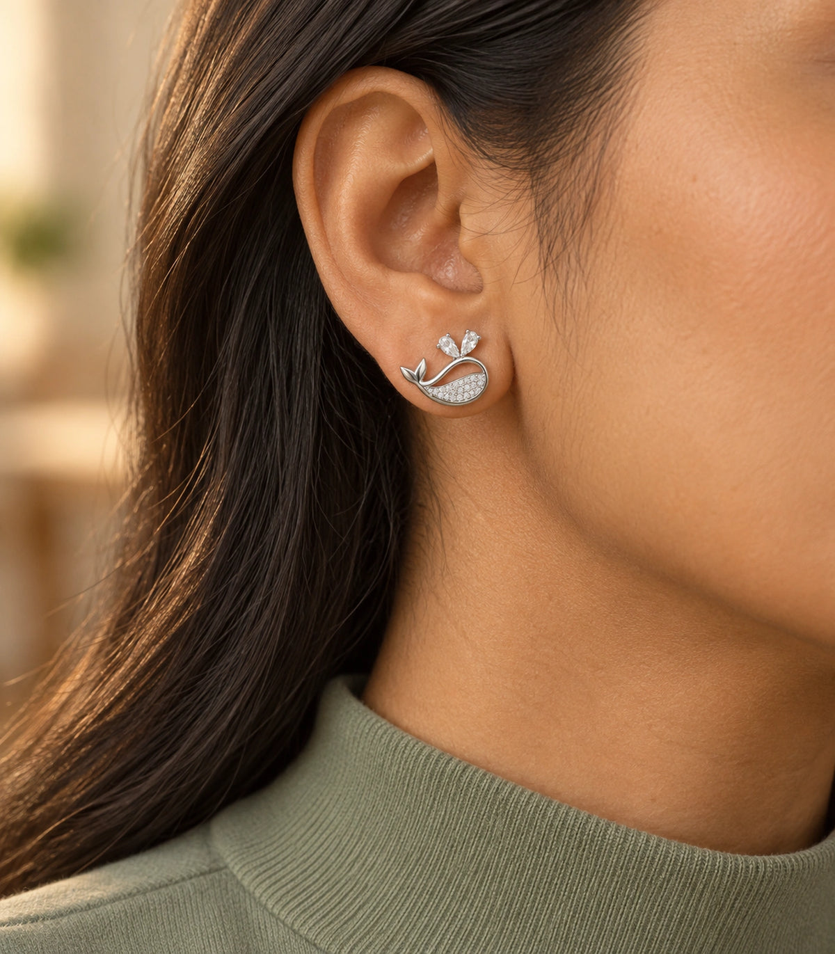 JIMIKI Crystal Whale Stud Earring Pair in Silver-tone, editorial model view #color_silver-tone