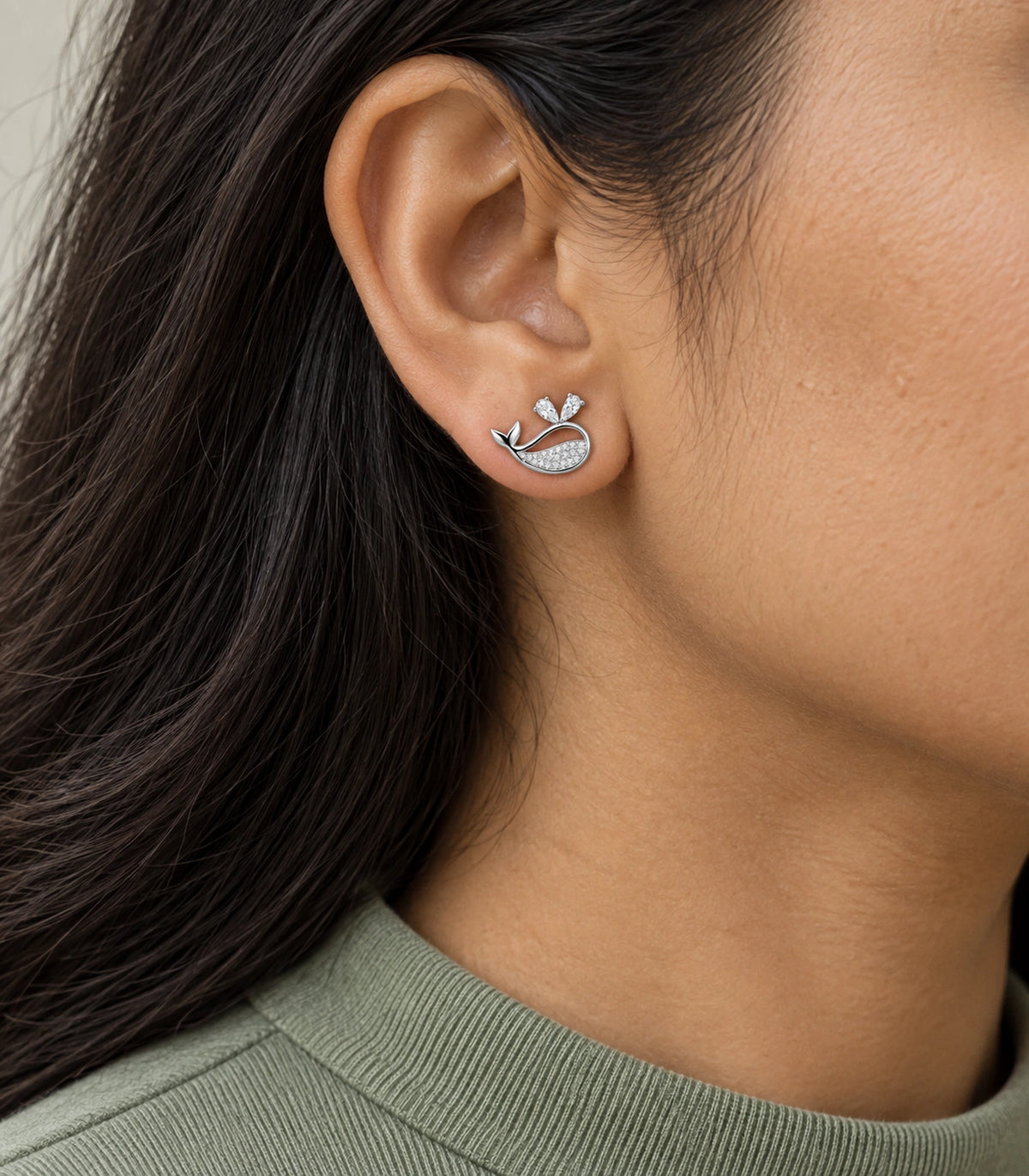 JIMIKI Crystal Whale Stud Earring Pair in Silver-tone, model wearing view #color_silver-tone
