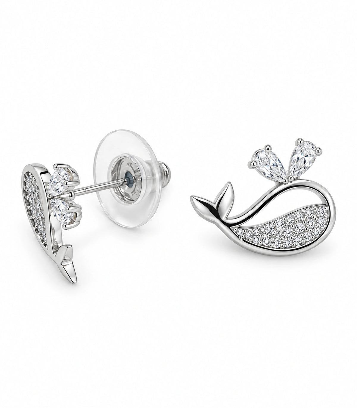 JIMIKI Crystal Whale Stud Earring Pair in Silver-tone, white background product view #color_silver-tone