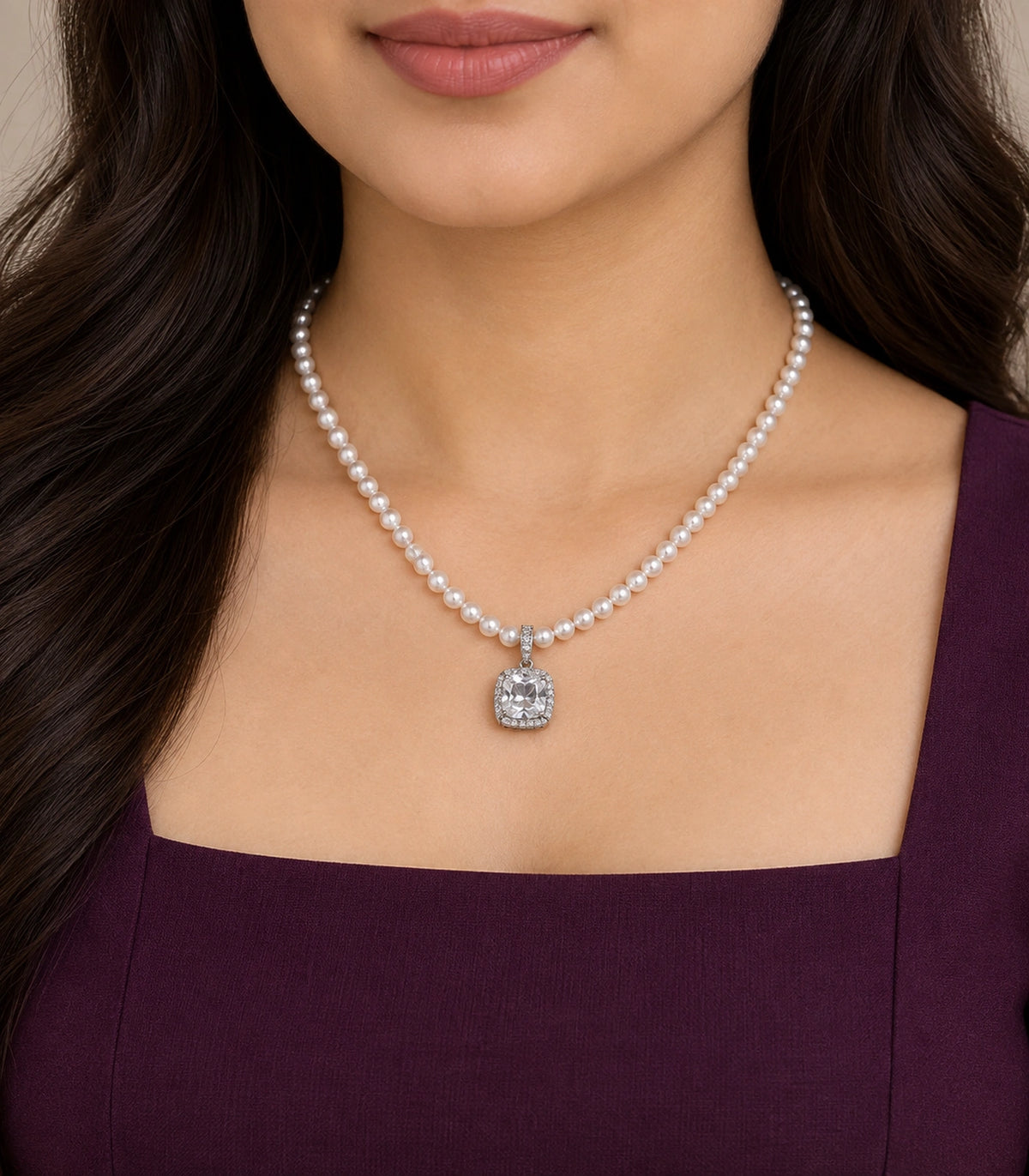 JIMIKI Silver-Tone Cushion Crystal Halo Pearl Necklace in Silver-tone / clear / white, worn with a simple outfit