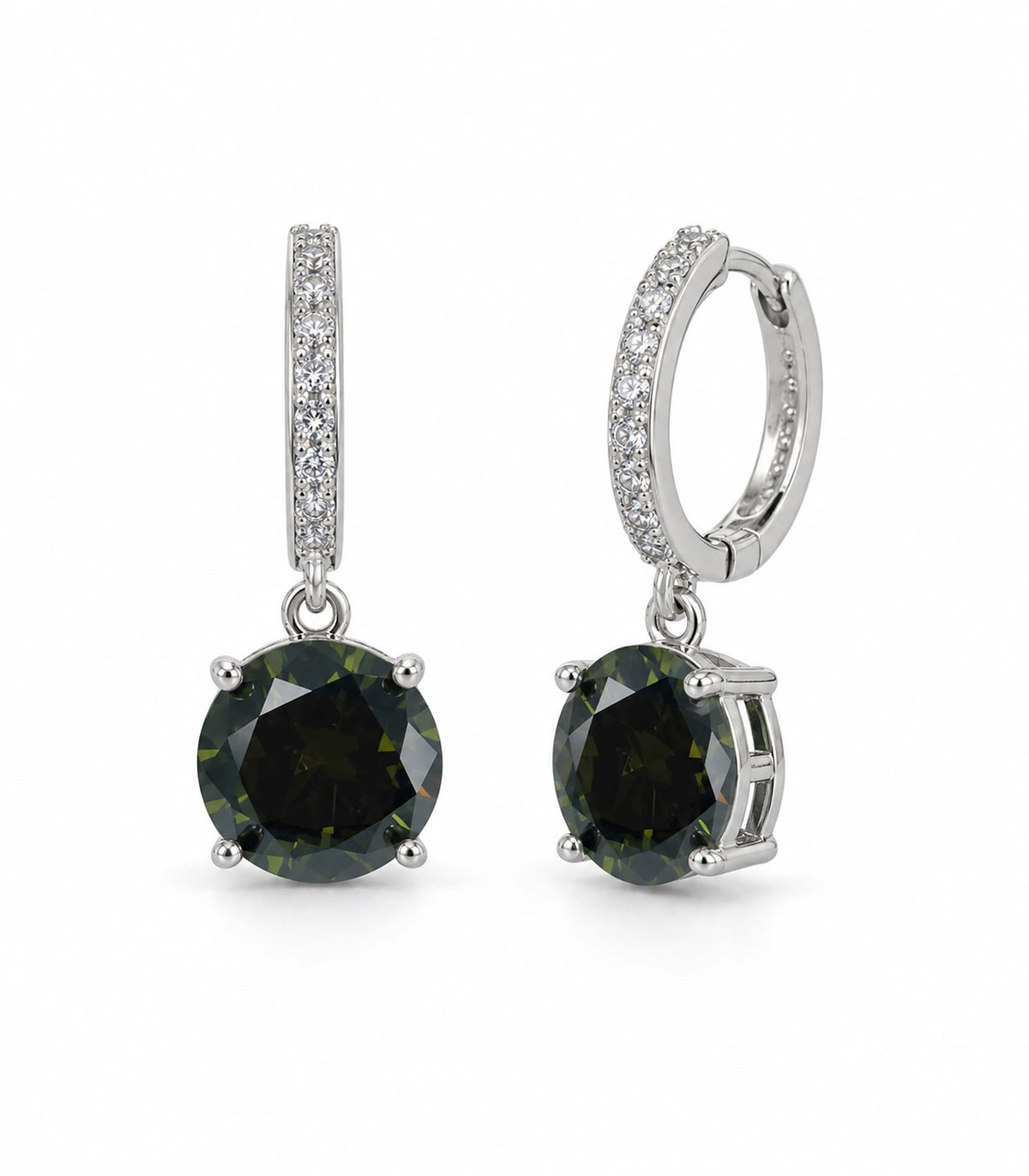 JIMIKI Round Crystal Hoop Drop Earring Pair in Silver tone / dark green, white background product view #color_silver tone / dark green