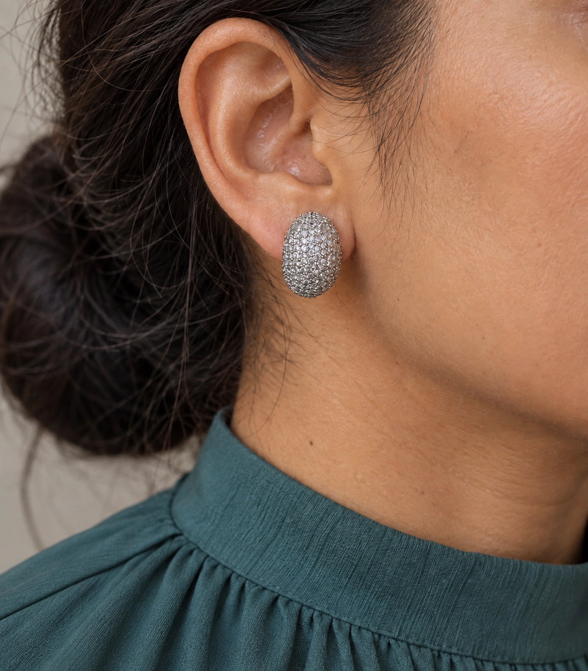 JIMIKI Domed Pave Oval Stud Earring Pair in Silver Tone, close-up detail #color_silver tone