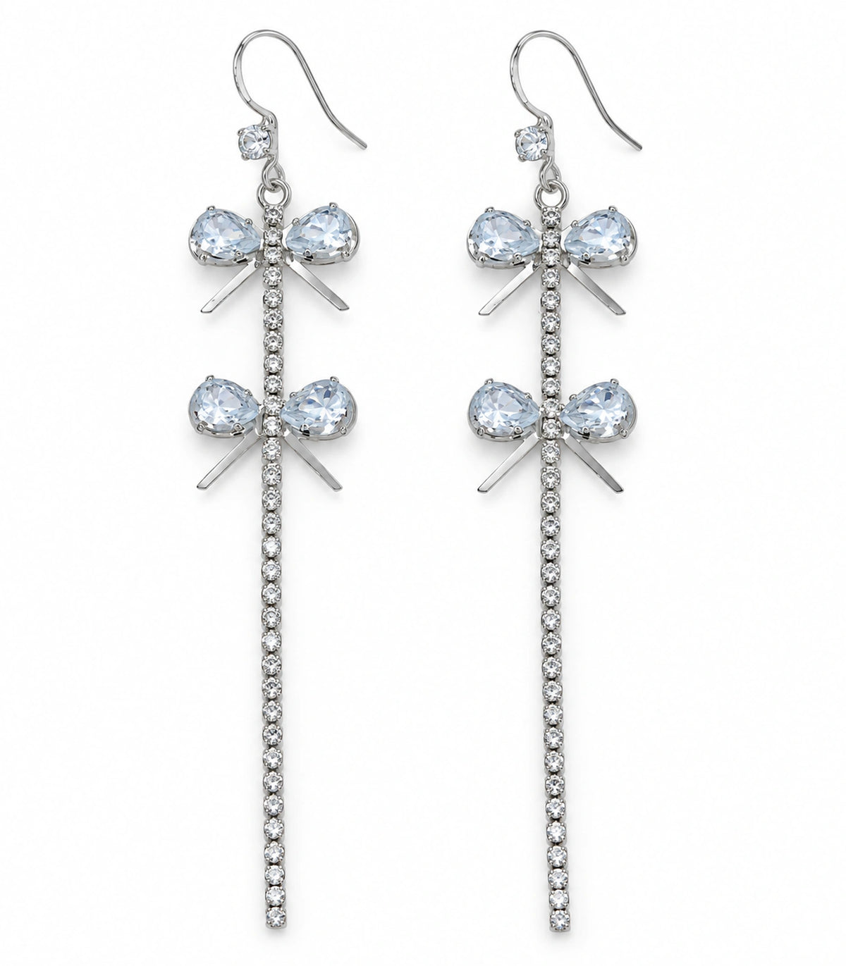 JIMIKI Silver Tone Double Crystal Bow Tassel Earring Pair in Silver-tone, white background product view