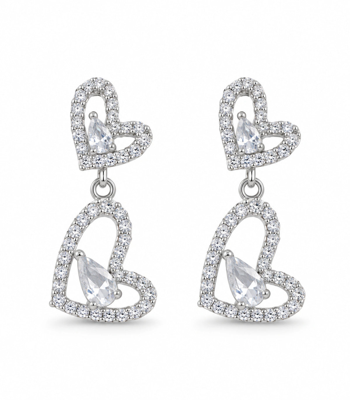 JIMIKI Double Heart Pear Crystal Drop Earrings in Silver Tone, white background product view #color_silver tone