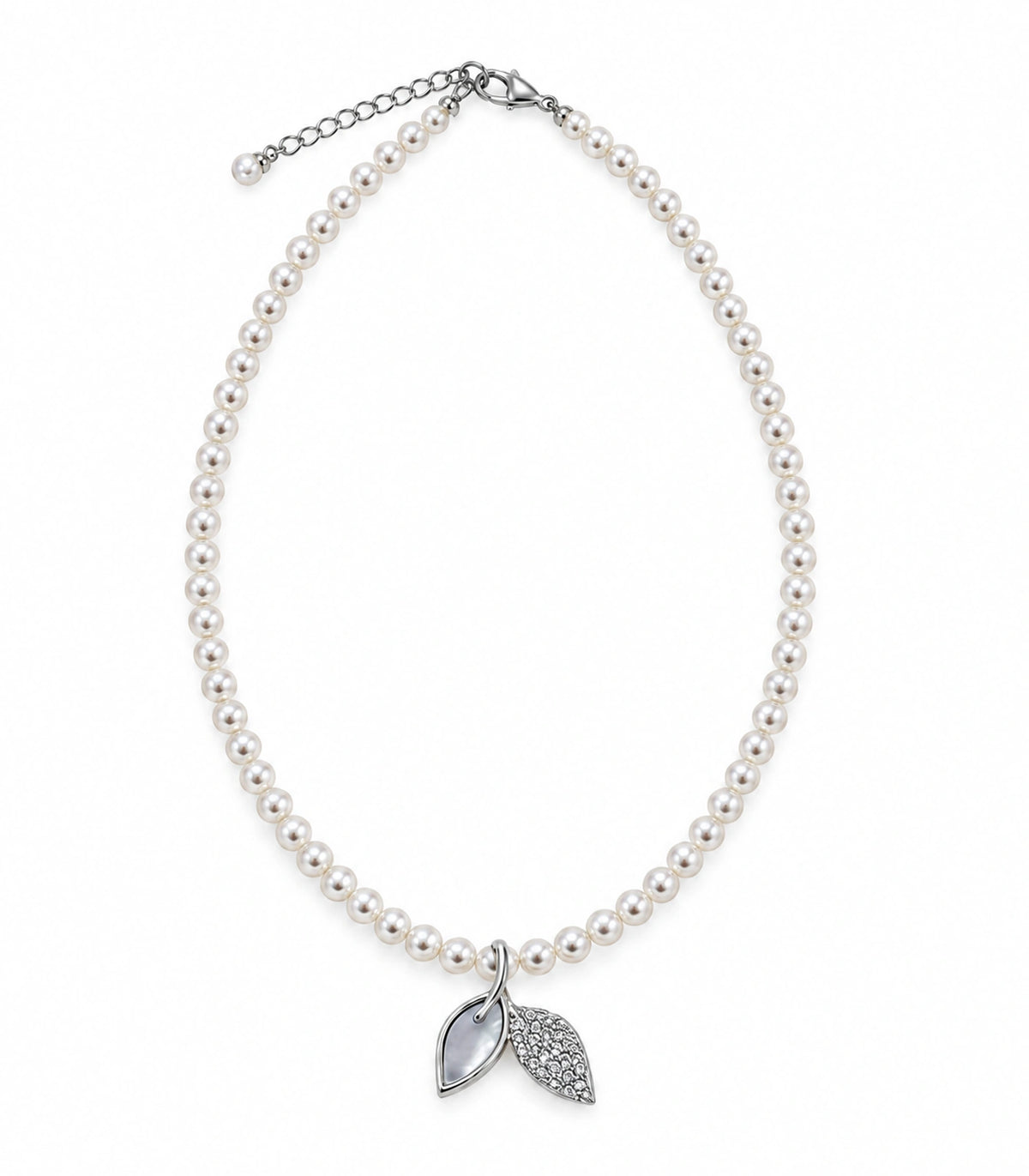 JIMIKI Silver Tone Double Leaf Pearl Style Necklace in Silver tone / white, white background product view