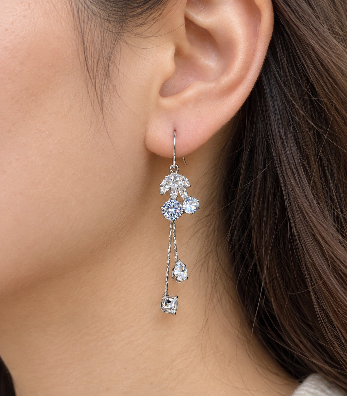 JIMIKI Silver Tone Five Leaf Crystal Twin Chain Earring Pair in Silver-tone, close-up detail