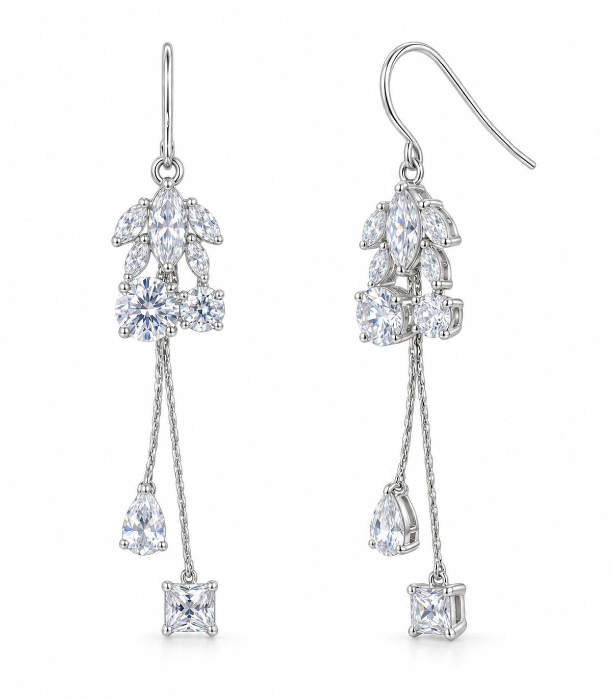 JIMIKI Silver Tone Five Leaf Crystal Twin Chain Earring Pair in Silver-tone, white background product view