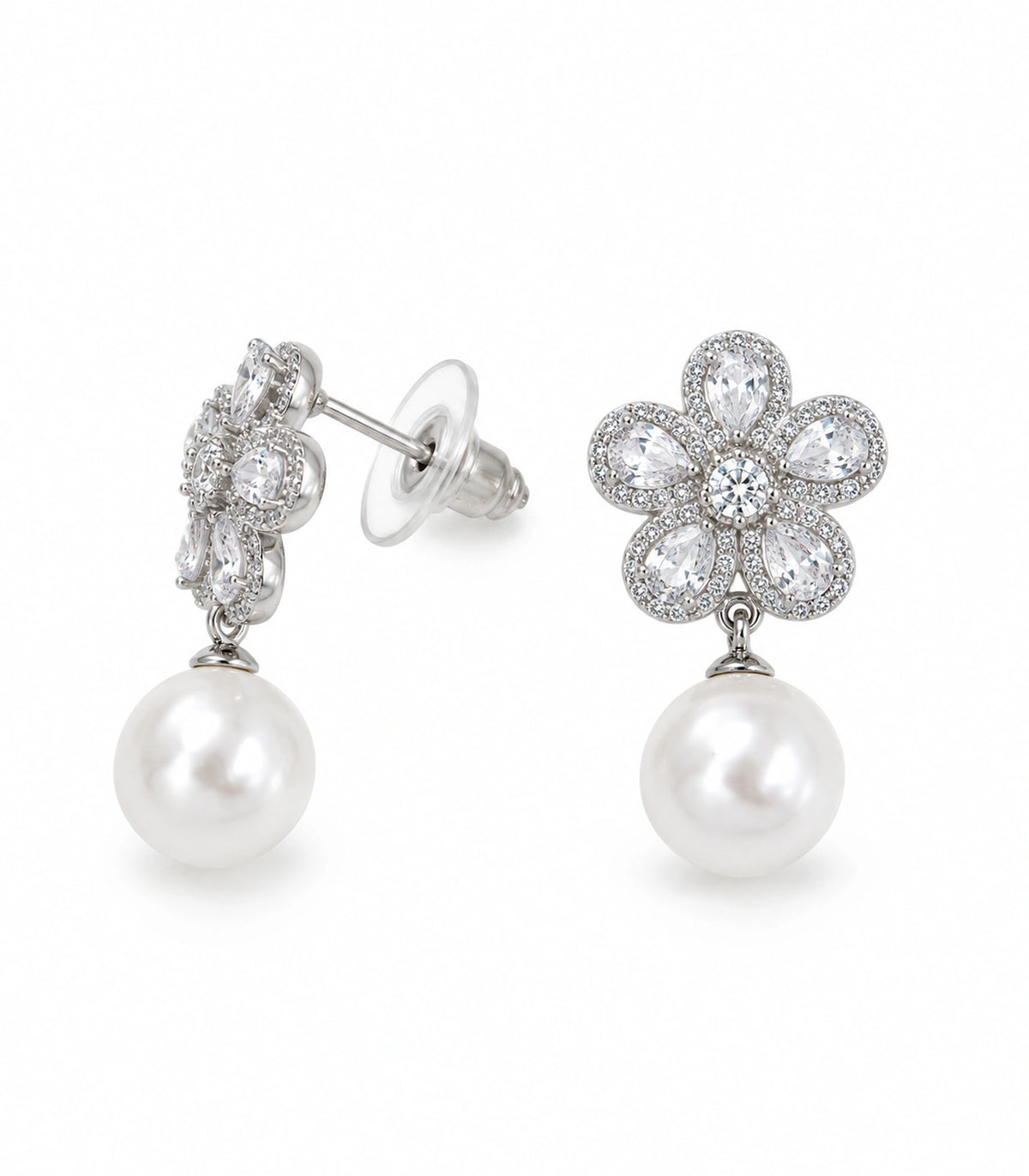 JIMIKI Five Petal Crystal Flower Pearl Drop Earring Pair in Silver-tone, white background product view #color_silver-tone