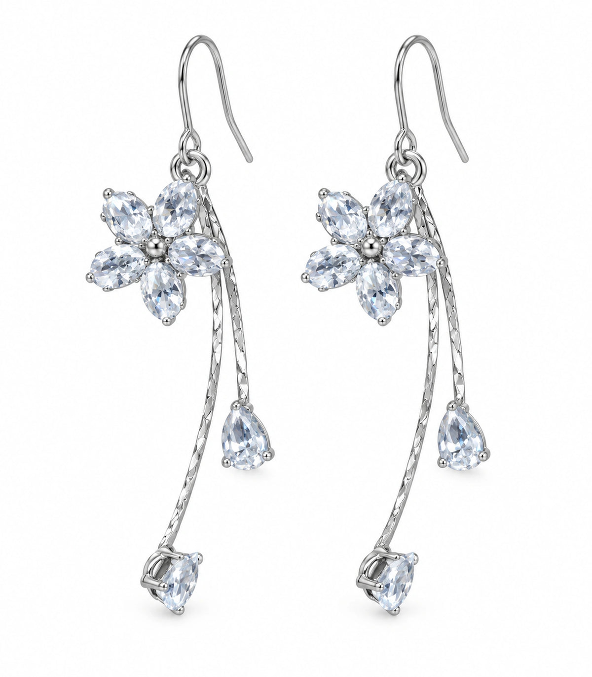 JIMIKI Silver-Tone Five-Petal Crystal Flower Twin Pear Drop Earrings in Silver Tone, white background product view
