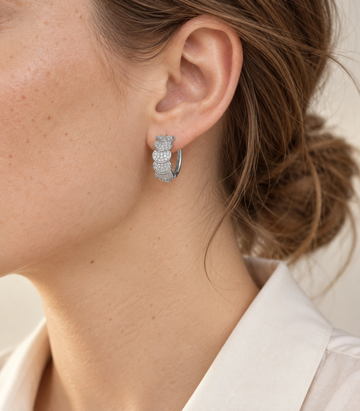 JIMIKI Five Scallop Pave Hinged Hoop Earring Pair in Silver Tone, editorial model view #color_silver tone