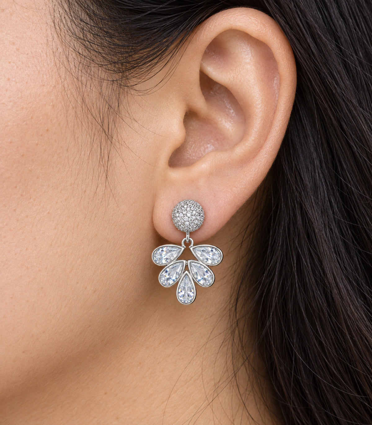 JIMIKI Silver-Tone Five-Teardrop Crystal Fan Drop Earrings in Silver Tone, close-up detail