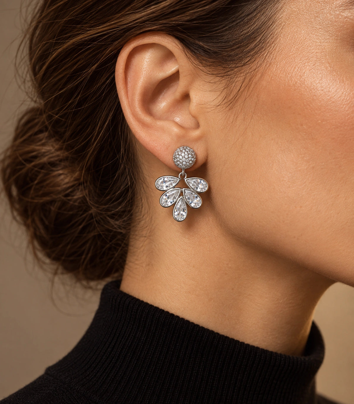 JIMIKI Silver-Tone Five-Teardrop Crystal Fan Drop Earrings in Silver Tone, editorial model view