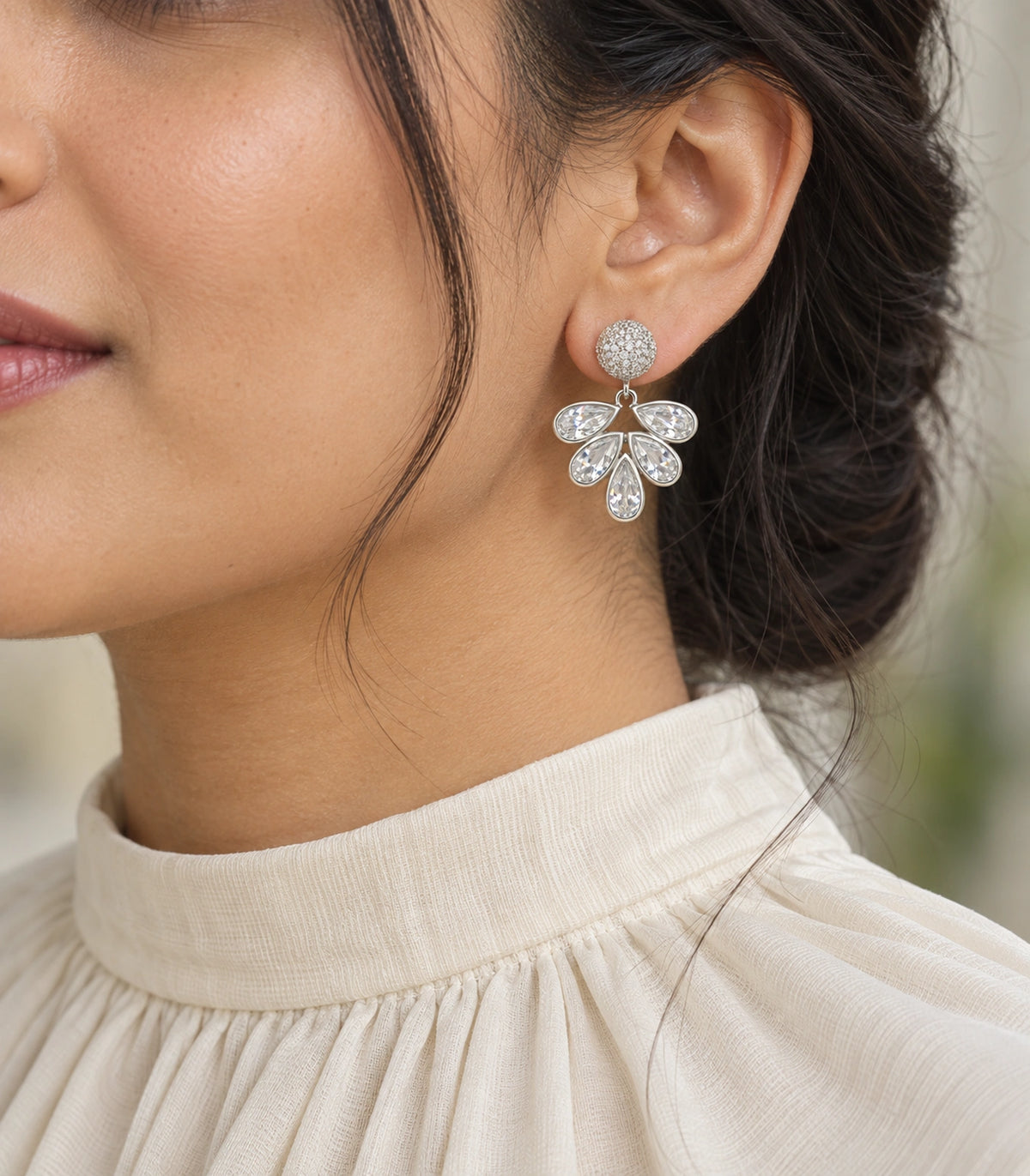 JIMIKI Silver-Tone Five-Teardrop Crystal Fan Drop Earrings in Silver Tone, model wearing view