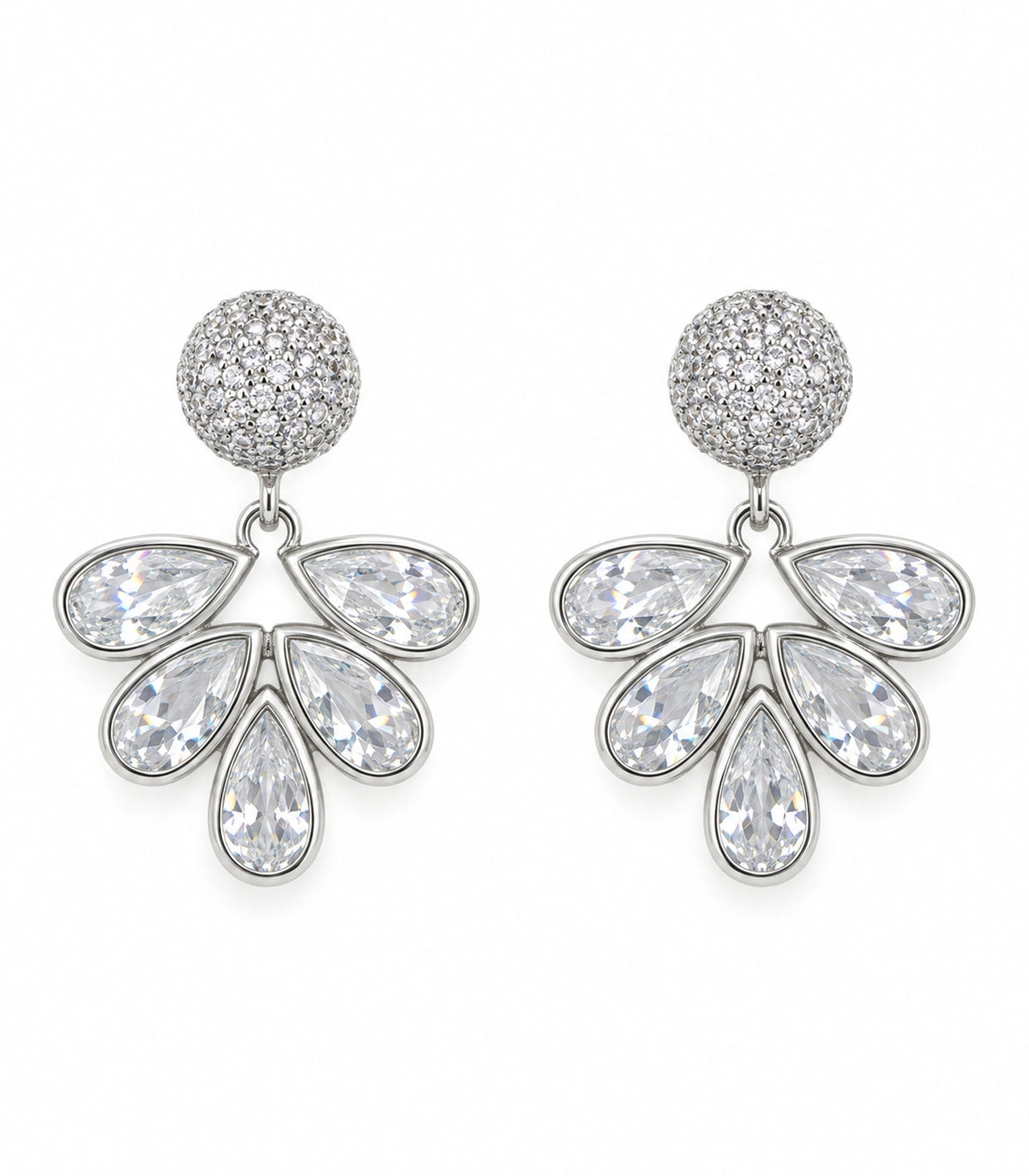 JIMIKI Silver-Tone Five-Teardrop Crystal Fan Drop Earrings in Silver Tone, white background product view
