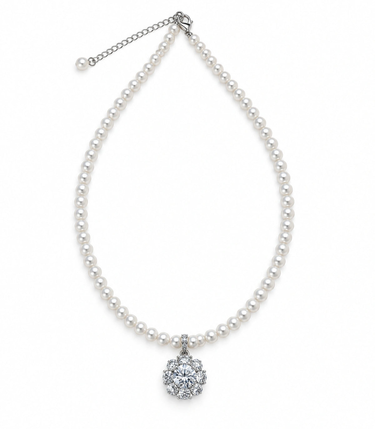 JIMIKI Silver-Tone Floral Cluster Crystal Pearl Necklace in Silver-tone / clear / white, on a white background