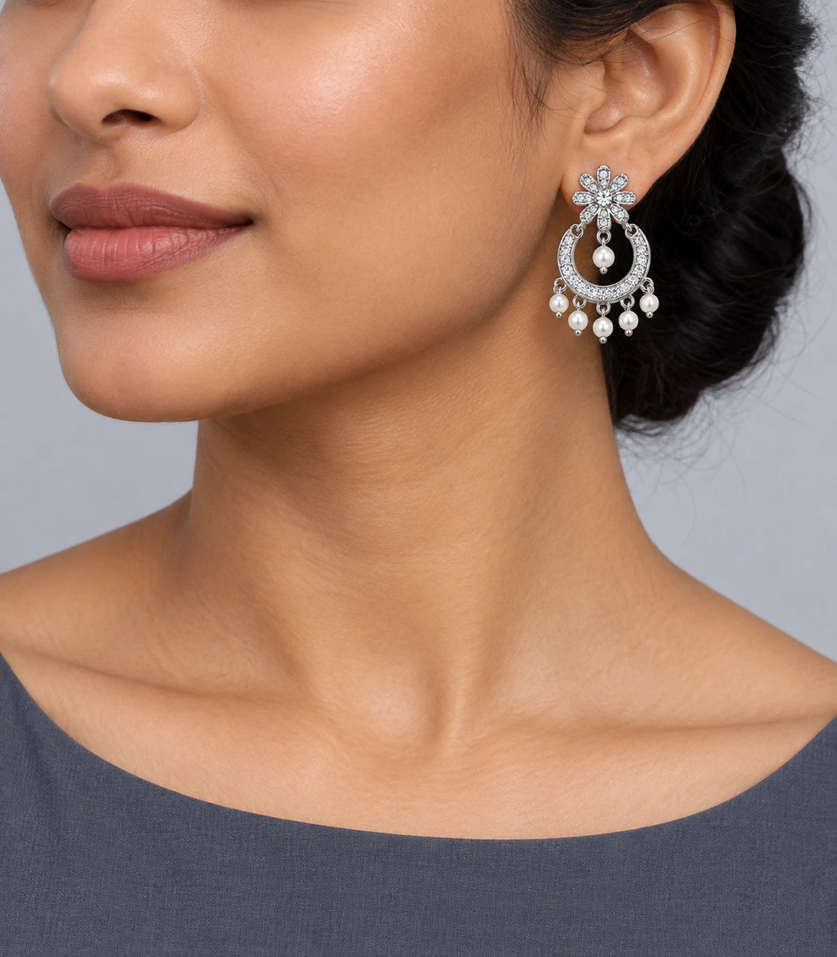 JIMIKI Silver-Tone Flower Pearl Chandbali Earrings — worn on the ear #color_silver-tone / white