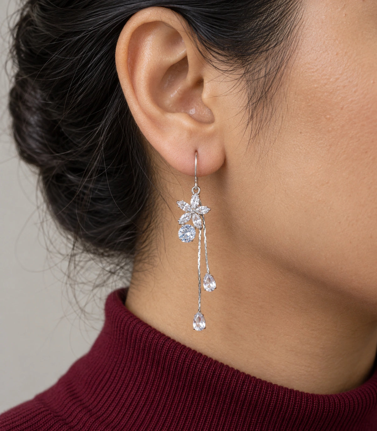 JIMIKI Silver Tone Flower Round Crystal Twin Drop Earring Pair in Silver-tone, close-up detail