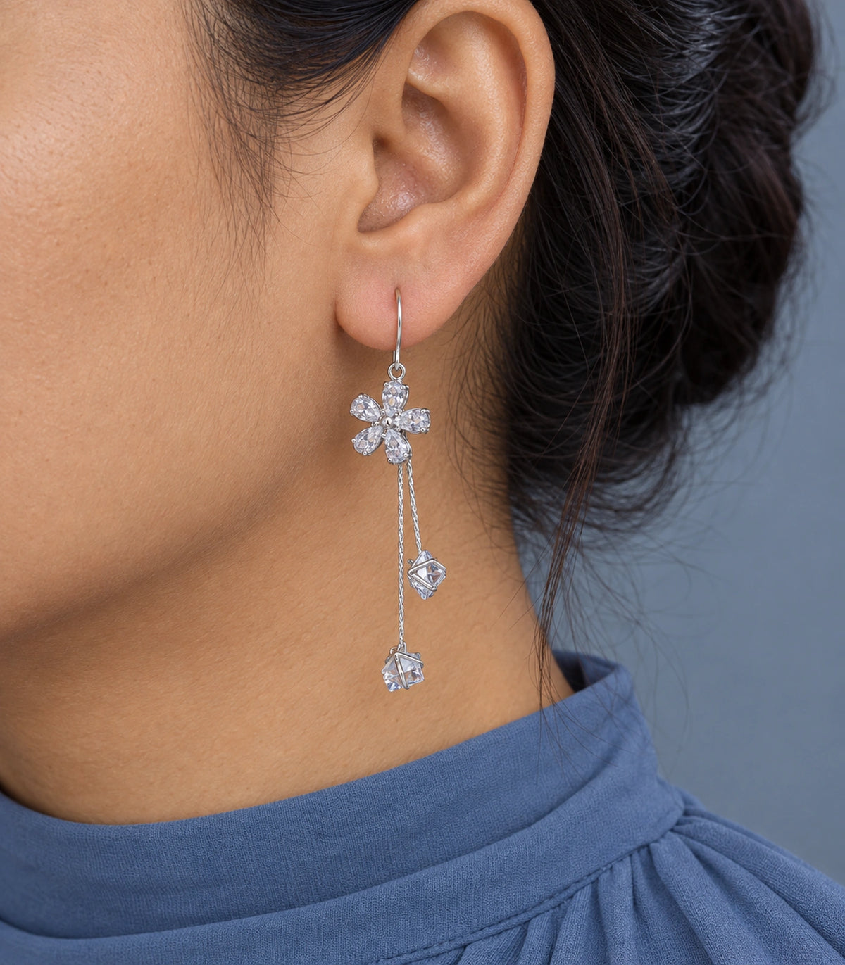 JIMIKI Silver Tone Flower Twin Cube Crystal Drop Earring Pair in Silver-tone, close-up detail