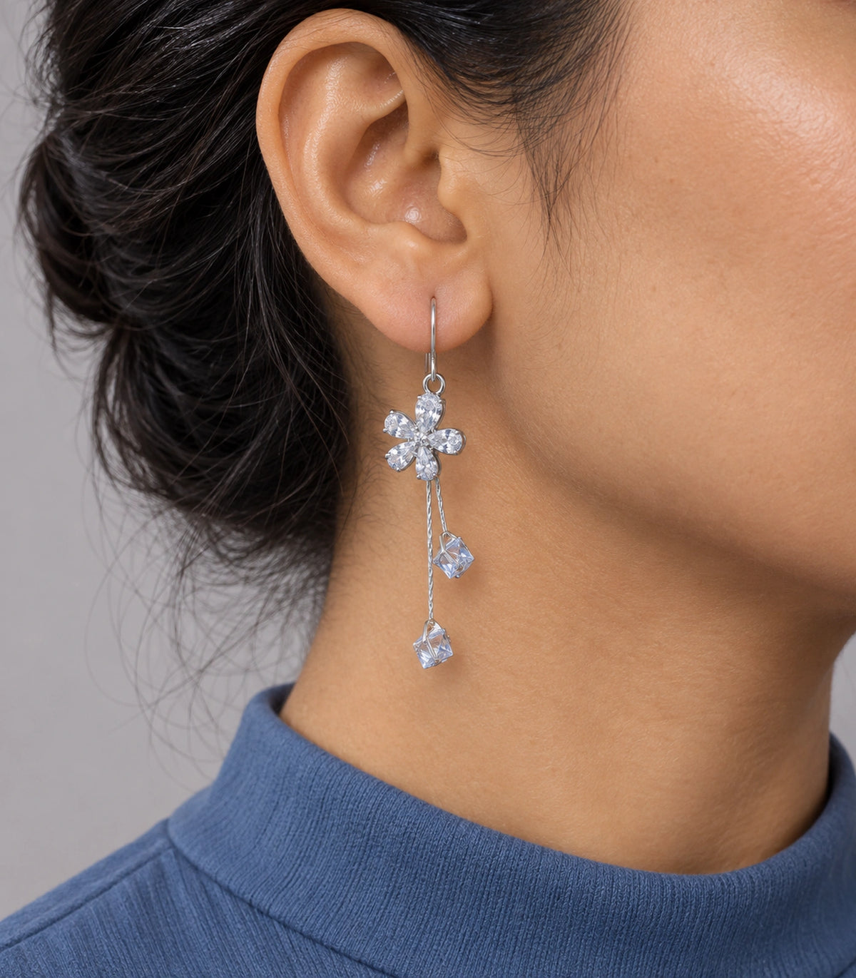JIMIKI Silver Tone Flower Twin Cube Crystal Drop Earring Pair in Silver-tone, model wearing view