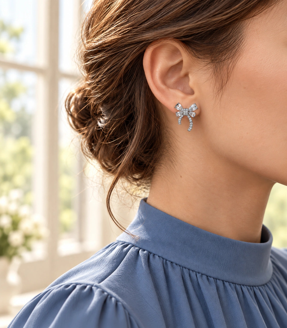 JIMIKI Four Pear Crystal Bow Stud Earring Pair in Silver Tone, editorial model view #color_silver tone