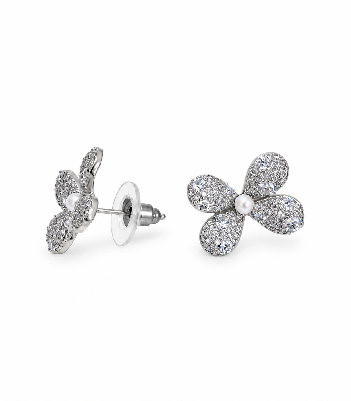 JIMIKI Four Petal Pave Pearl Centre Stud Earring Pair in Silver tone, white background product view #color_silver tone