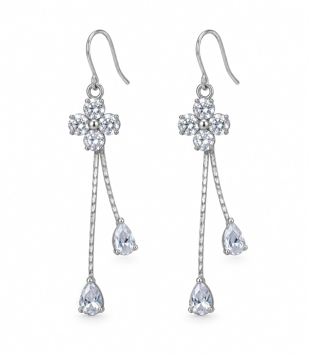 JIMIKI Silver-Tone Four Round Crystal Flower Twin Pear Drop Earrings in Silver Tone, white background product view