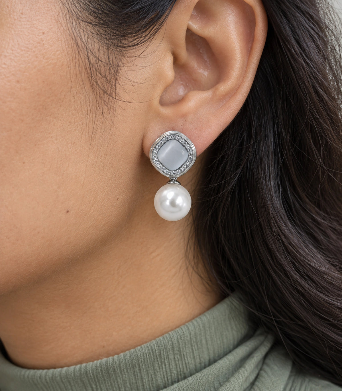 JIMIKI Crystal Halo Pearl Drop Earring Pair in Silver-tone / Grey, close-up detail #color_silver-tone / grey