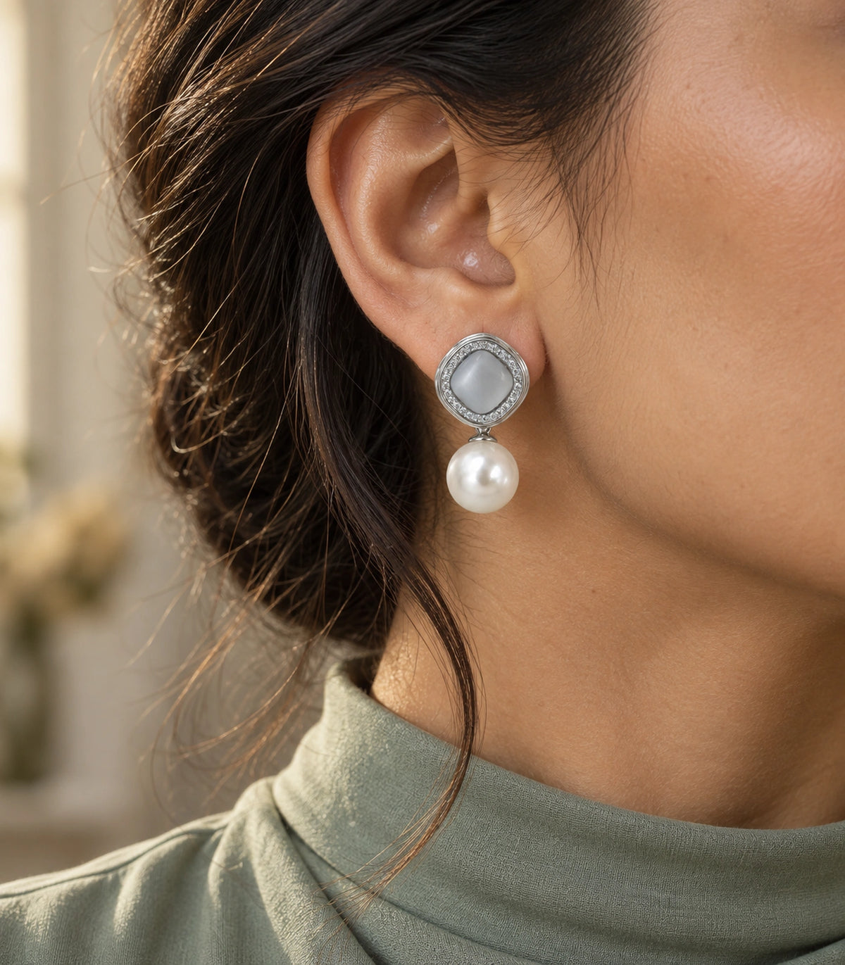JIMIKI Crystal Halo Pearl Drop Earring Pair in Silver-tone / Grey, editorial model view #color_silver-tone / grey
