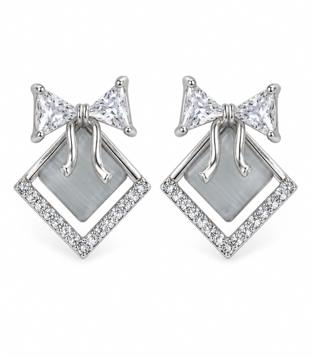 JIMIKI Silver Tone Grey Diamond-Shaped Bow Crystal Stud Earring Pair in Silver tone, white background product view