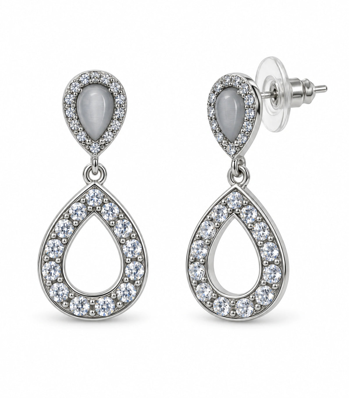 JIMIKI Silver-Tone Grey Teardrop Crystal Halo Drop Earring Pair in Silver Tone, white background product view