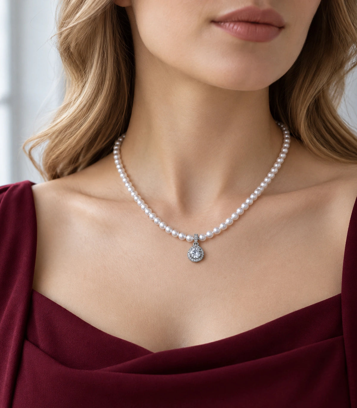 JIMIKI Silver-Tone Halo Crystal Pearl Necklace in Silver-tone / clear / white, styled on a model in an editorial setting