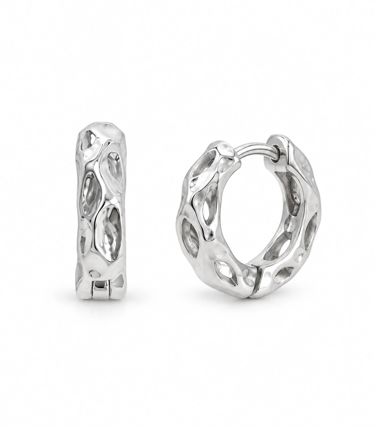 JIMIKI Silver Hammered Marquise Cutout Huggie Hoop Earrings, matching pair on white background #color_silver