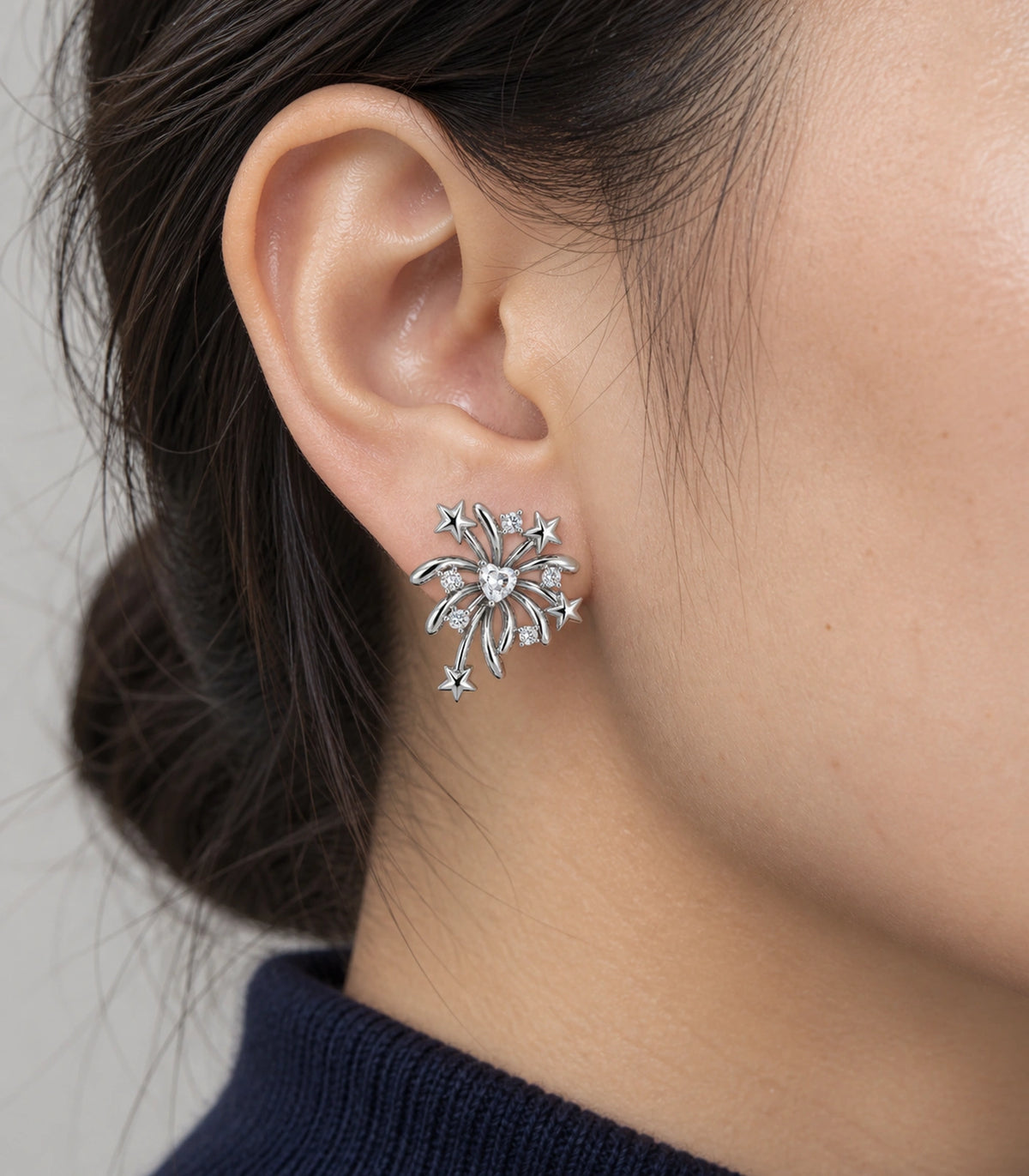 JIMIKI Heart Crystal Starburst Stud Earring Pair in Silver tone/Clear, close-up detail #color_silver tone/clear