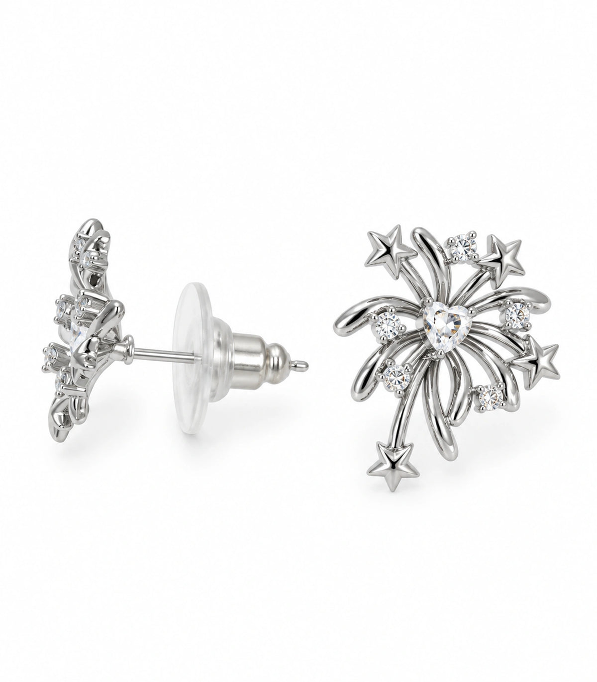 JIMIKI Heart Crystal Starburst Stud Earring Pair in Silver tone/Clear, white background product view #color_silver tone/clear