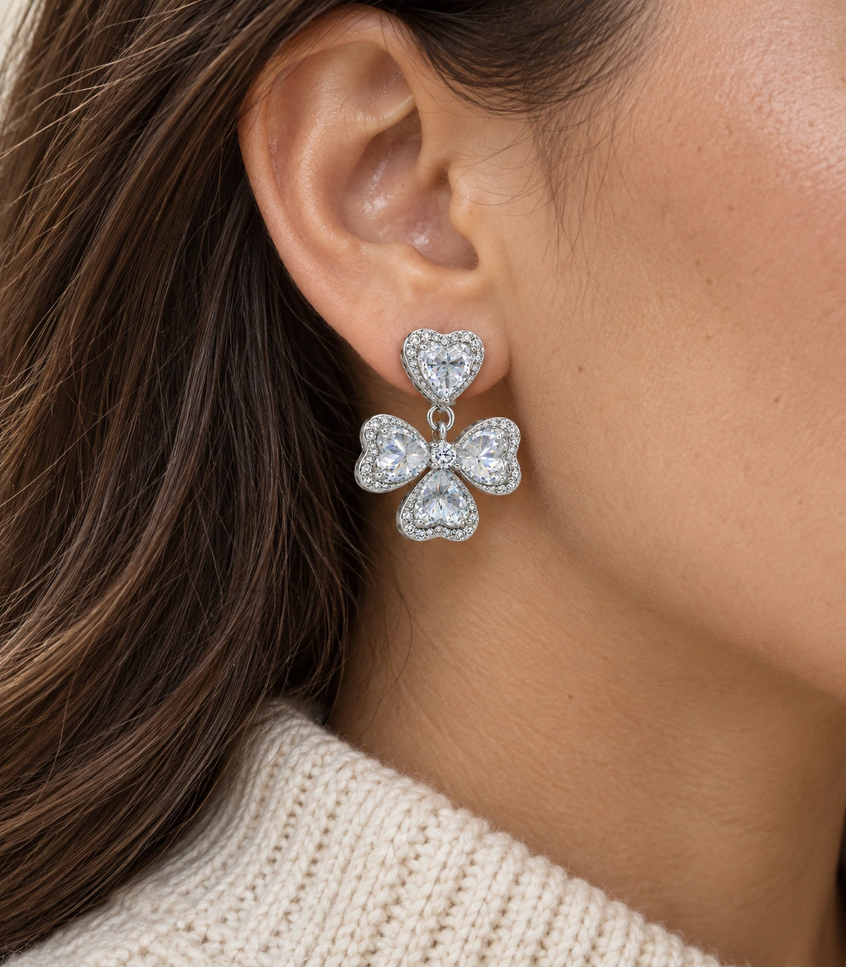 JIMIKI Heart Crystal Three Petal Drop Earring Pair in Silver-tone, close-up detail #color_silver-tone