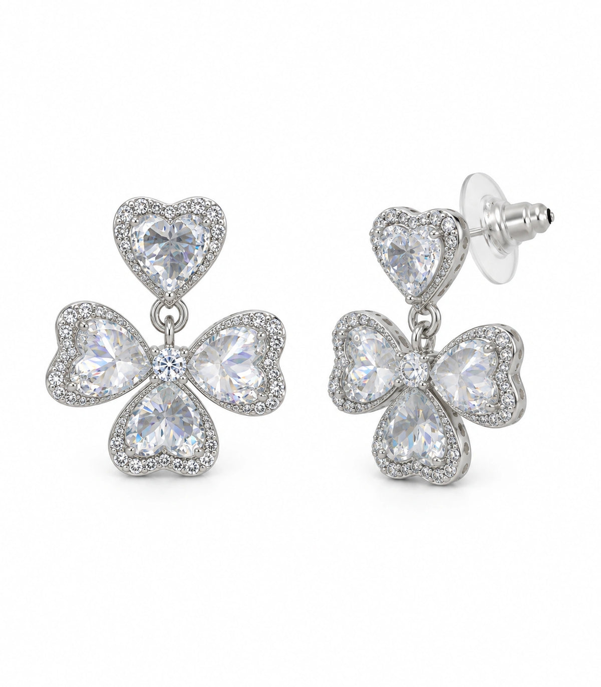 JIMIKI Heart Crystal Three Petal Drop Earring Pair in Silver-tone, white background product view #color_silver-tone