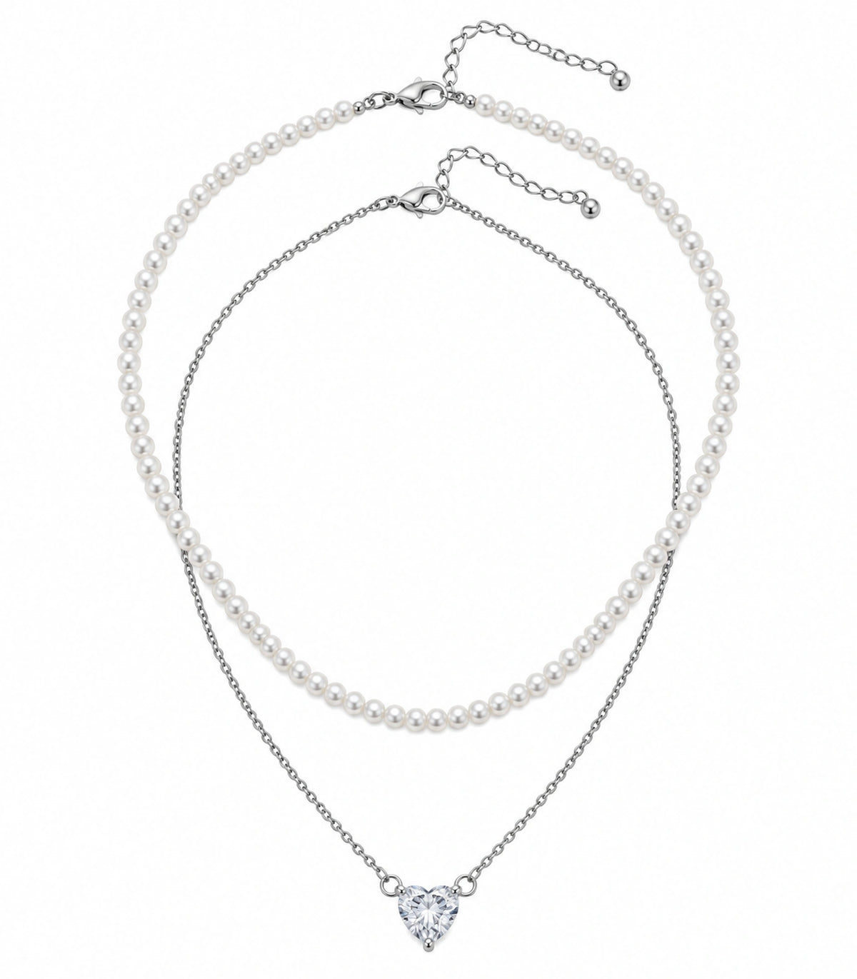 JIMIKI Silver-Tone Heart Layered Pearl Necklace Set in Silver-tone / clear / white, on a white background