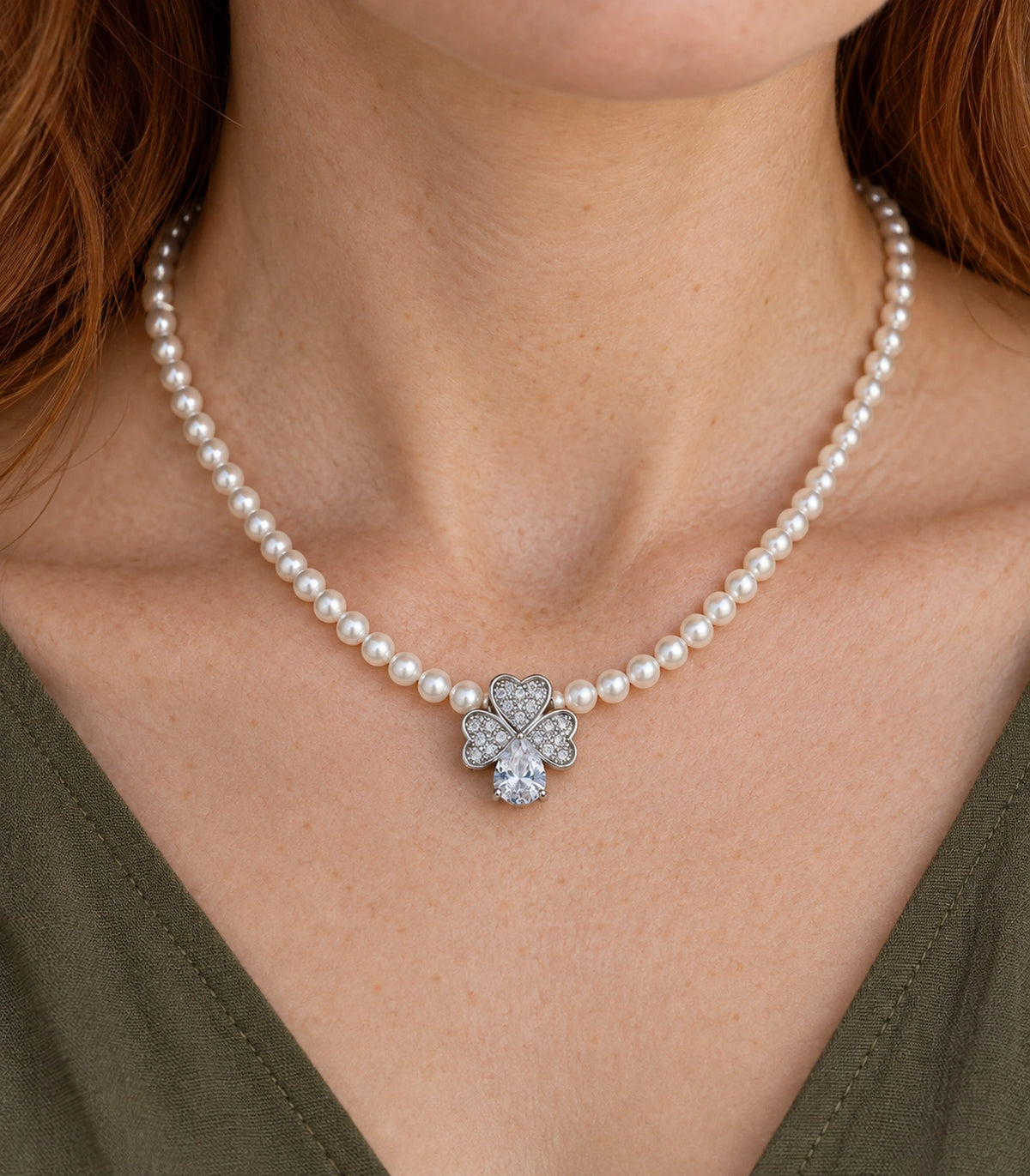 JIMIKI Silver Tone Heart Petal Crystal Drop Pearl Necklace in Silver / White, close-up detail