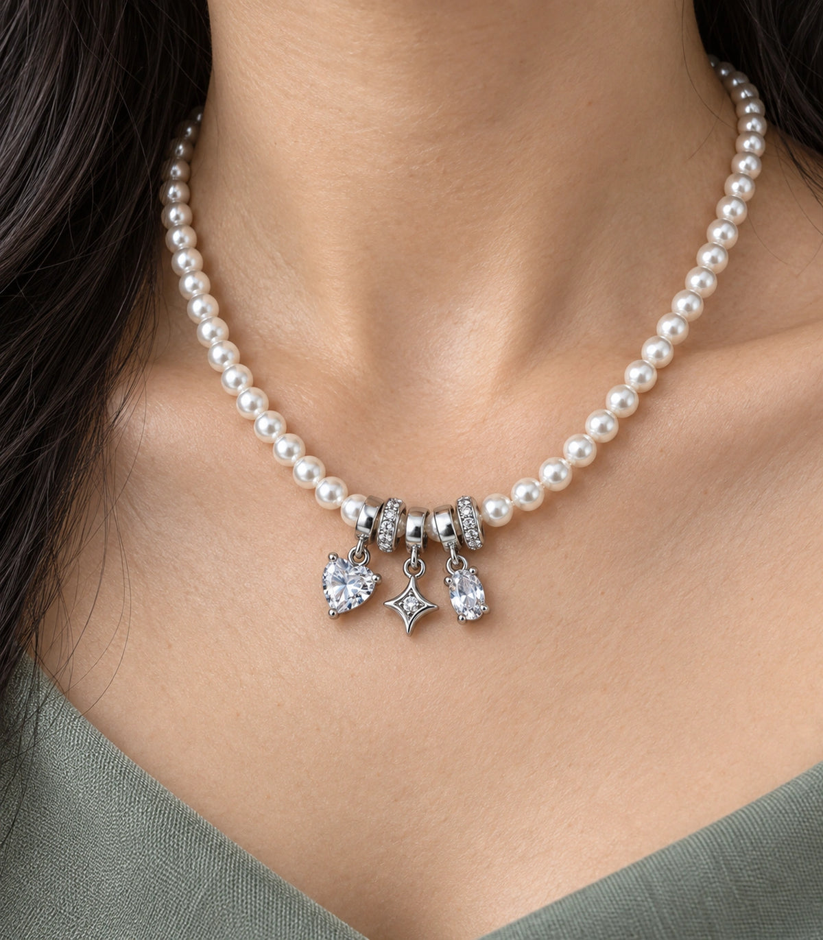 JIMIKI Silver Tone Heart Star Crystal Charm Pearl Necklace in Silver / White, close-up detail