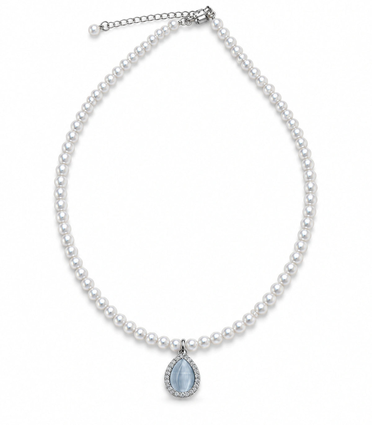 JIMIKI Silver-Tone Icy Blue Teardrop Pearl Necklace in Silver-tone / icy blue, on a white background