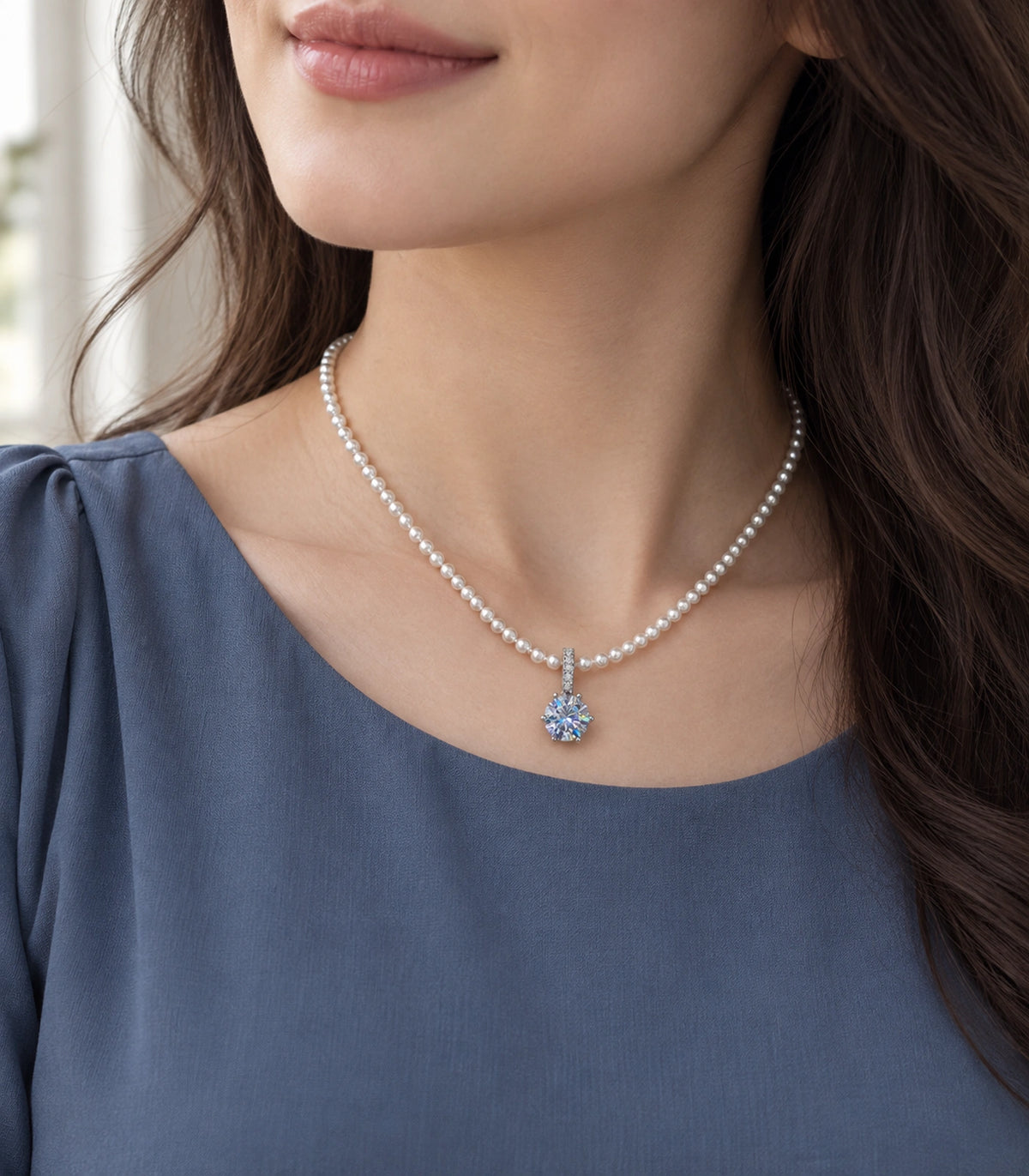 JIMIKI Silver Tone Iridescent Round Crystal Pearl Style Necklace in Silver tone / white / iridescent crystal, editorial model view