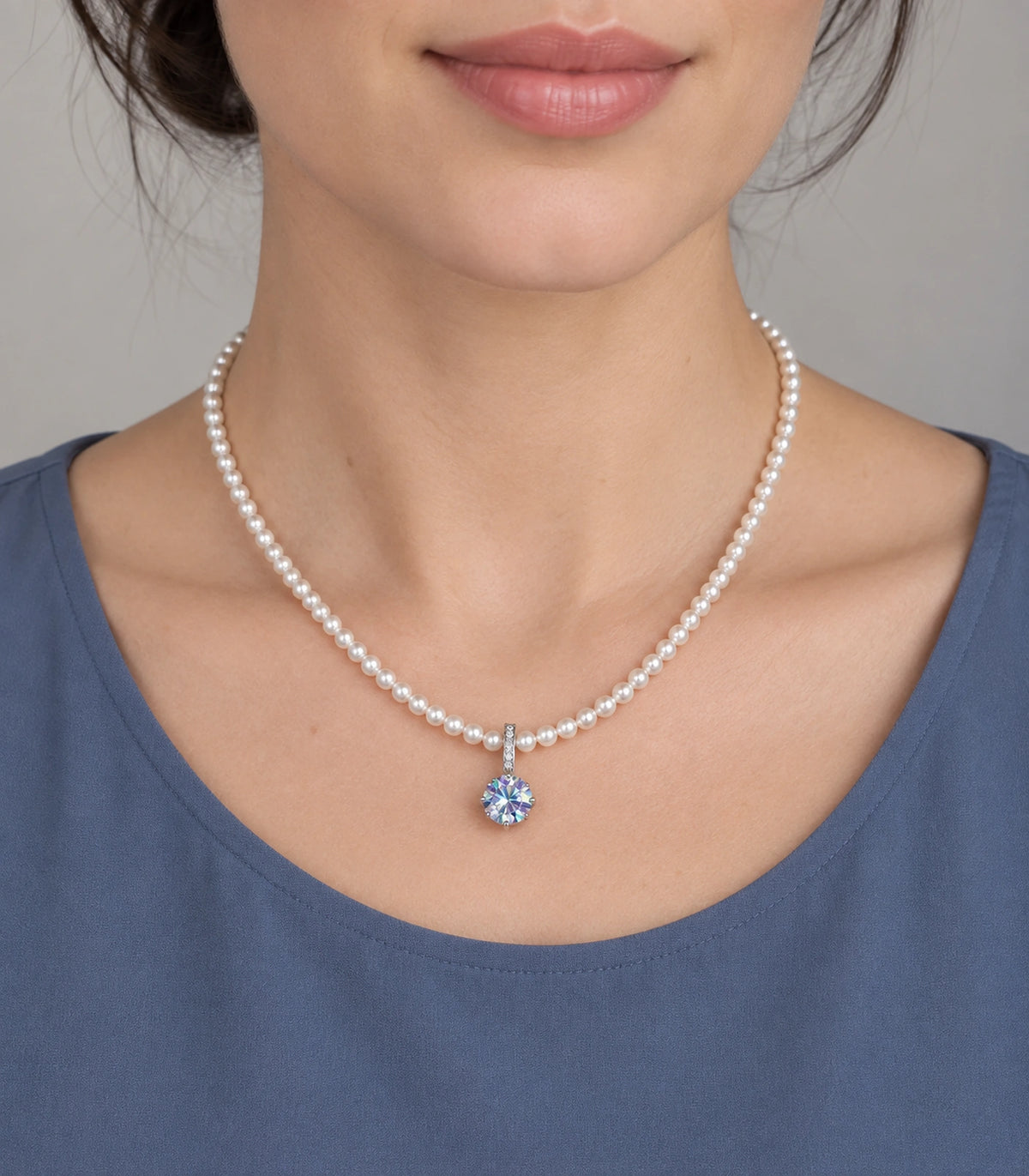 JIMIKI Silver Tone Iridescent Round Crystal Pearl Style Necklace in Silver tone / white / iridescent crystal, model wearing view