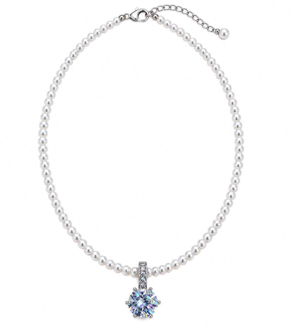 JIMIKI Silver Tone Iridescent Round Crystal Pearl Style Necklace in Silver tone / white / iridescent crystal, white background product view