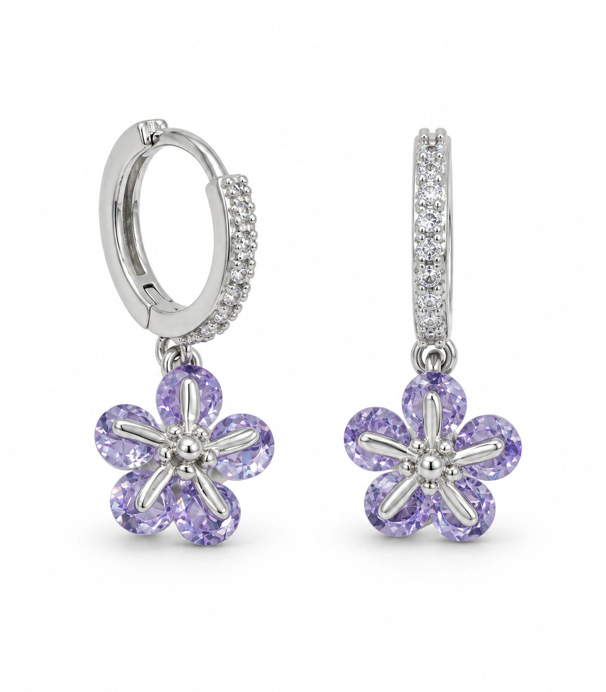 JIMIKI Silver-Tone Lavender Crystal Five-Petal Flower Huggie Earrings in Silver / Lavender, white background product view