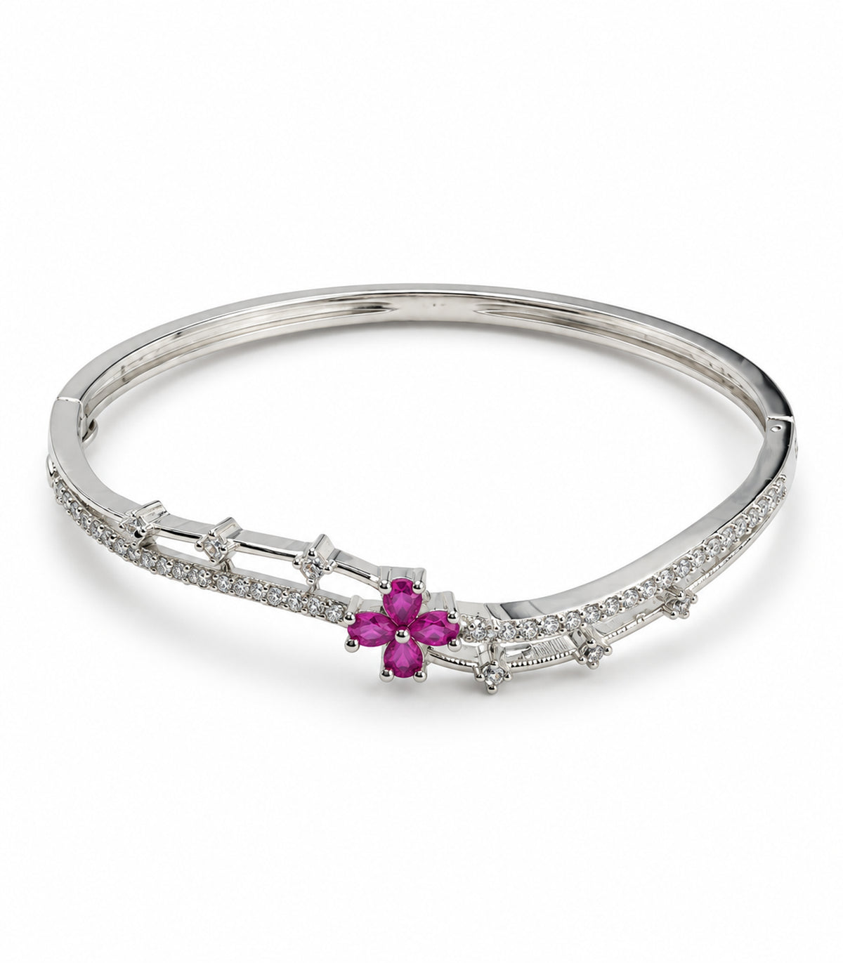 Silver-tone magenta flower and clear bar bangle — white background view; one bangle