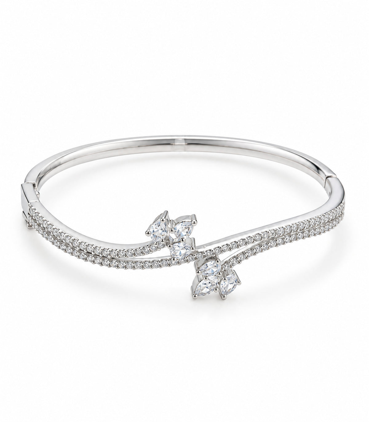 Silver-tone marquise cluster crossover bangle, complete single bangle on white